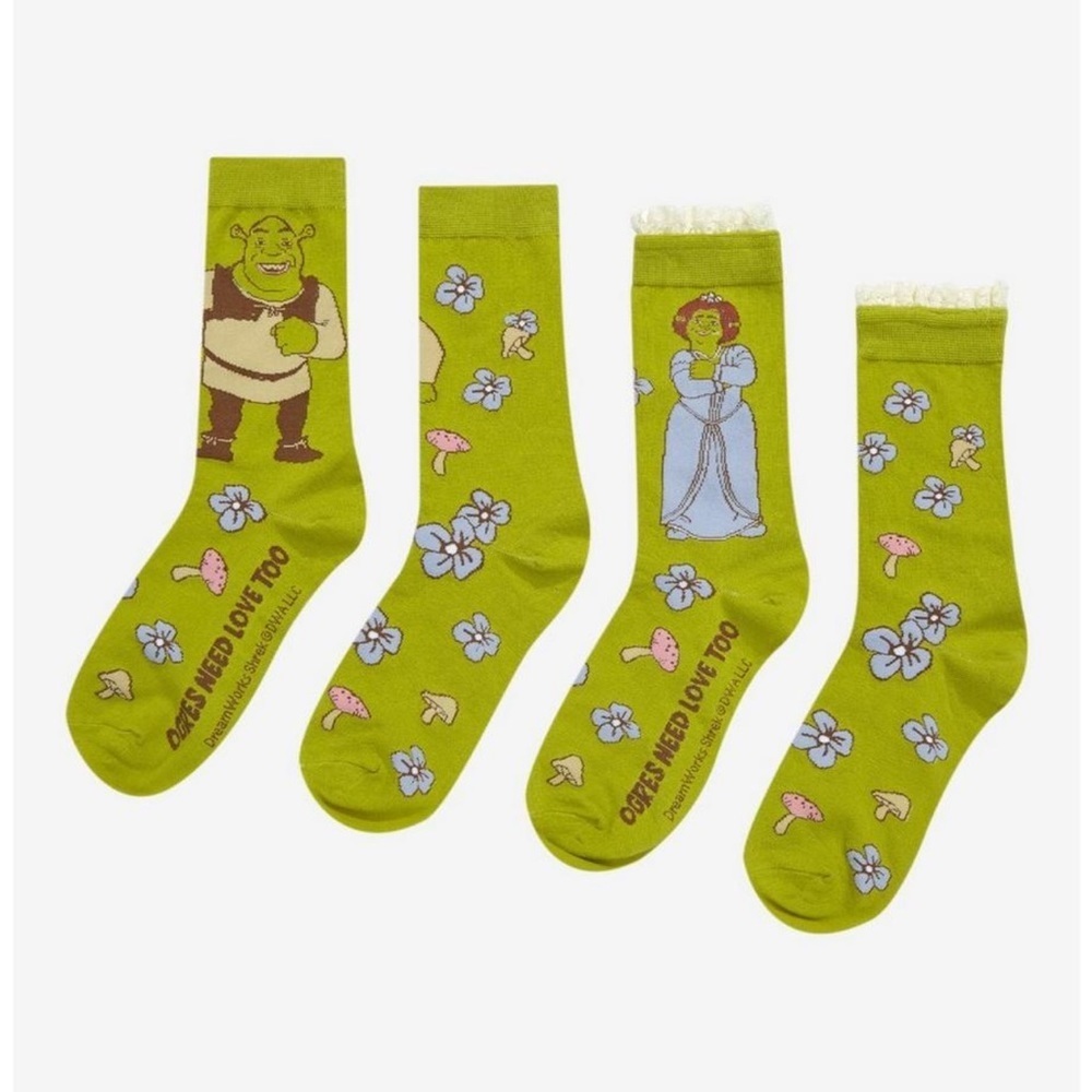 Shrek Fiona & Shrek Flower Crew Socks 2 Pair, NWT